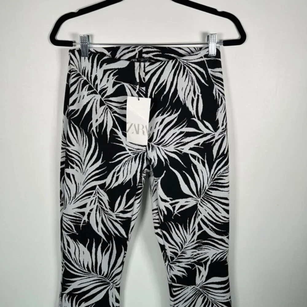 NWT ZARA Black/White Leaf Flare‎ Jacquard Pants High Waist Elastic Waist Sz L